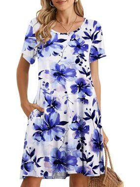 Women's Blue Flower Casual Loose Swing Tunic Short Sleeve Sun Mini Shirt Dress